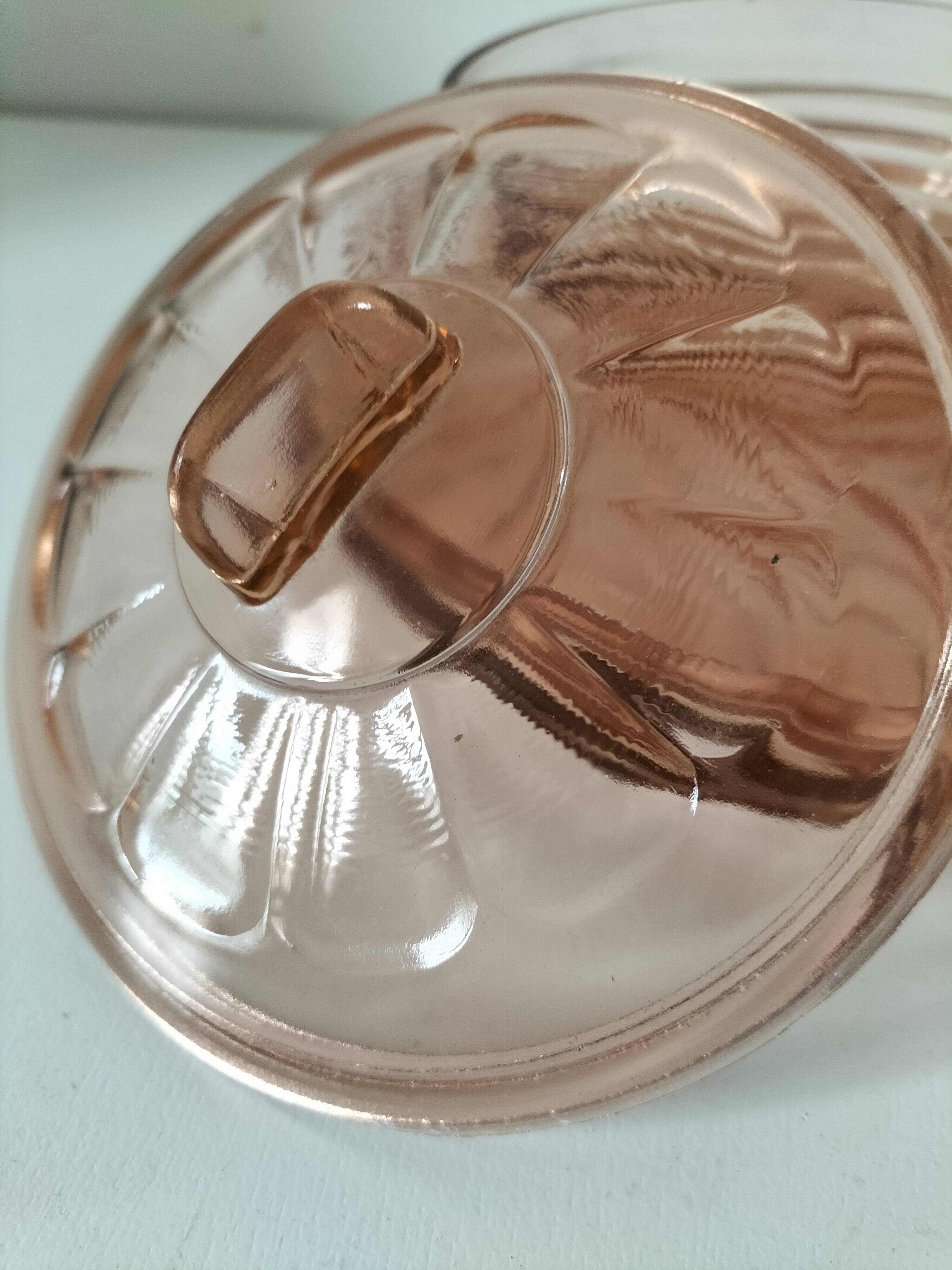 Orange-pink pressed glass trio