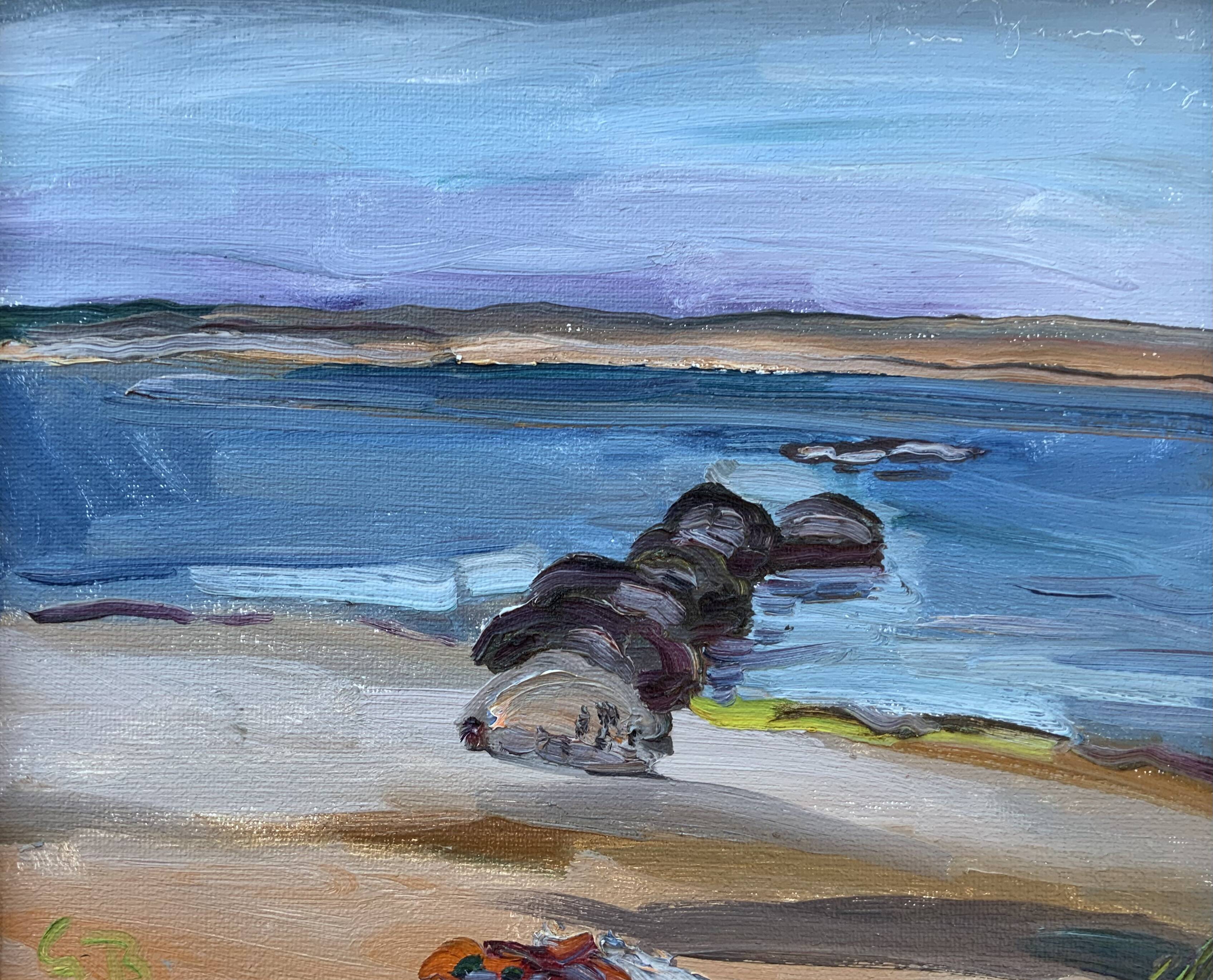 Vintage Swedish Modernists Oil Painting Blue Seascape by G.B. Mid 20th century