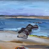 Vintage Swedish Modernists Oil Painting Blue Seascape by G.B. Mid 20th century