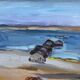 Peinture à l'huile vintage des modernistes suédois Paysage marin bleu par GB Milieu du 20e siècle