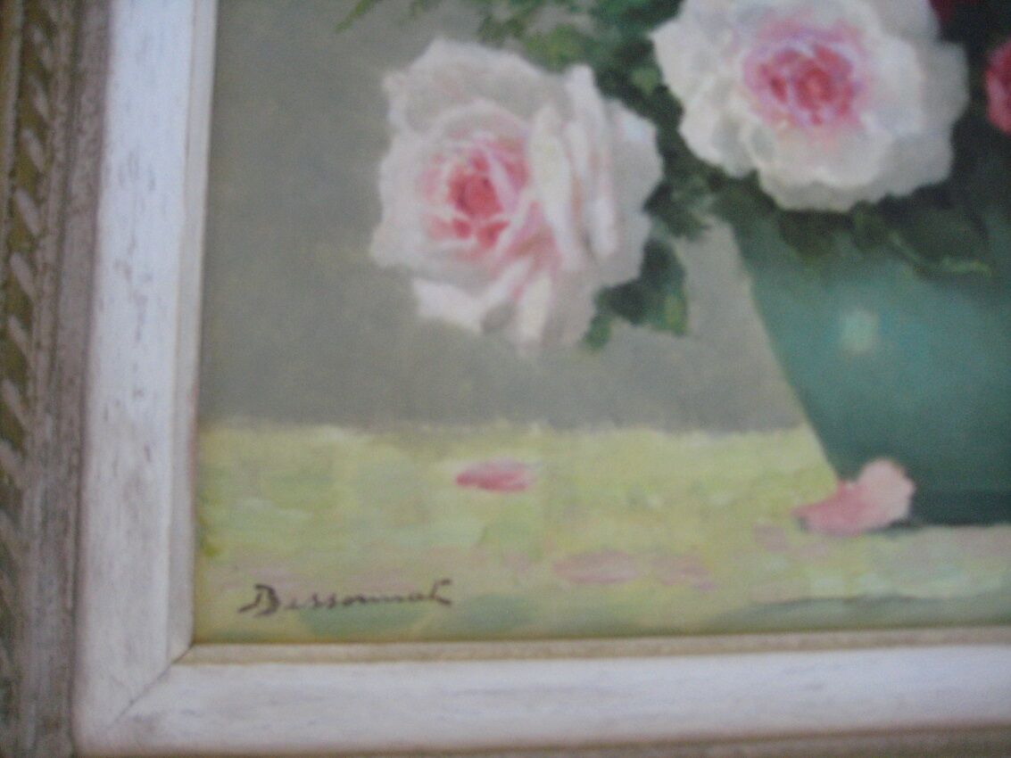 Old painting, bouquet of roses of love in a vase, signed bessonnat