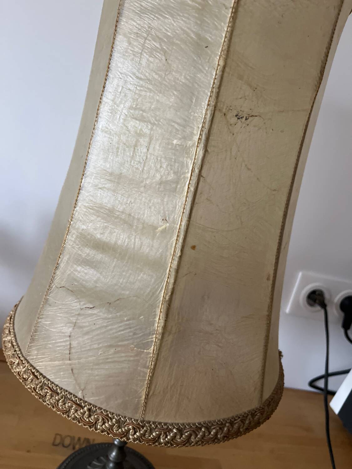 Vintage table lamp, front light, rice paper, pewter base, signed