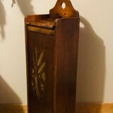 1980s solid wood bread bin decorated with a golden wheat sheaf