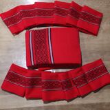 Old rectangular Basque red tablecloth and 12 matching Dralon towels