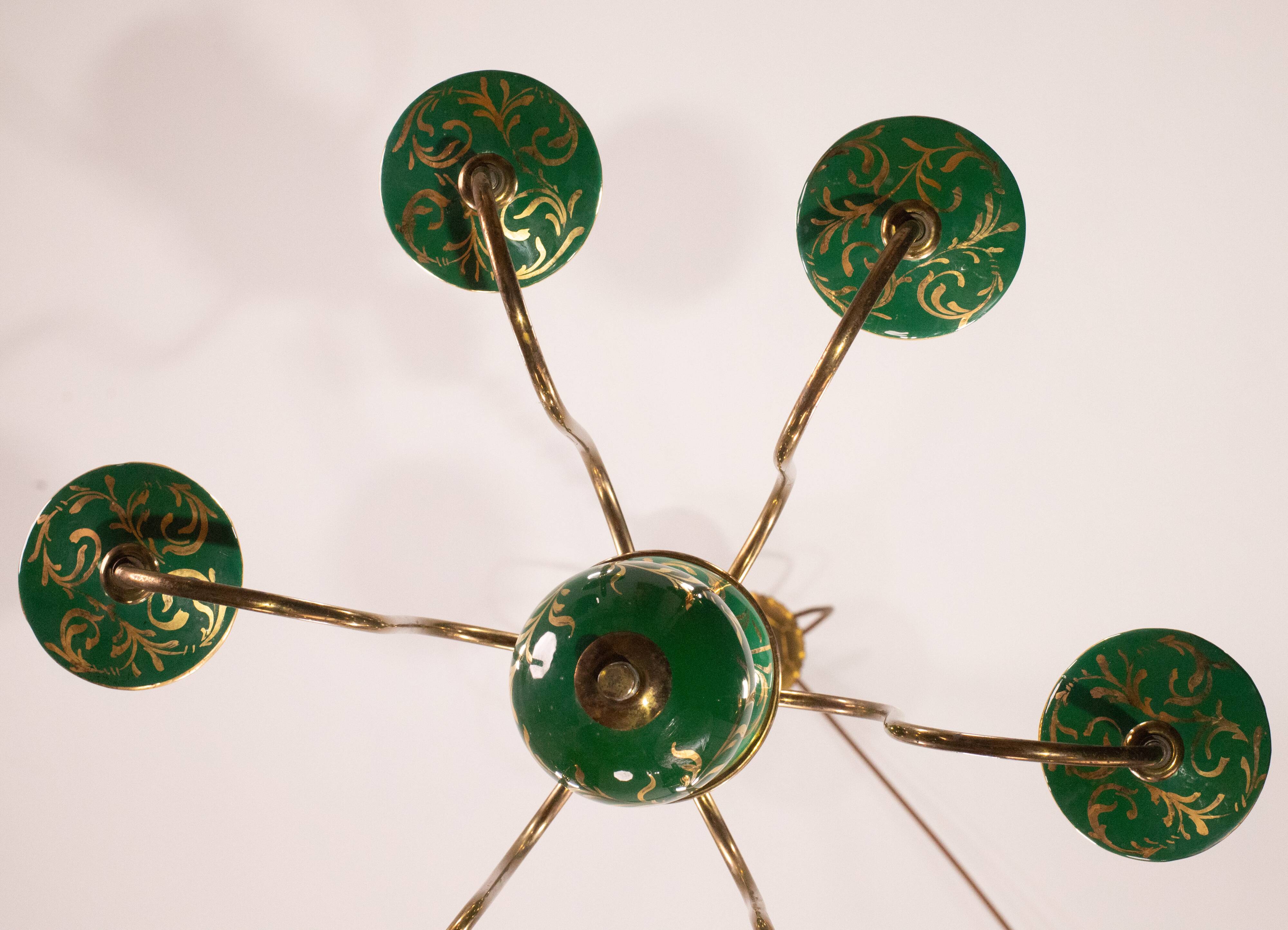 Art Deco Brass and Painted Terracotta Chandelier, 1950s