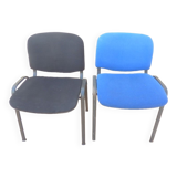 2 stackable chairs of black and blue fabrics