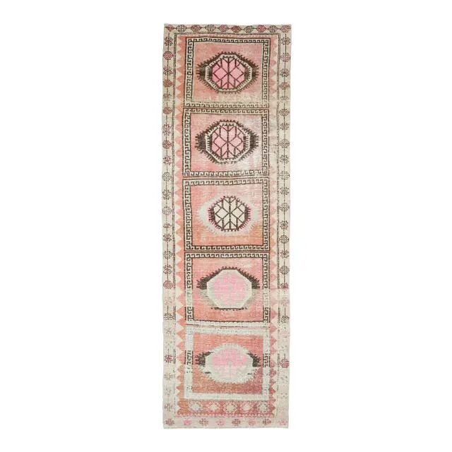 Vintage Turkish Hand-Knotted Wool Cotton Pink Runner Rug 99x345