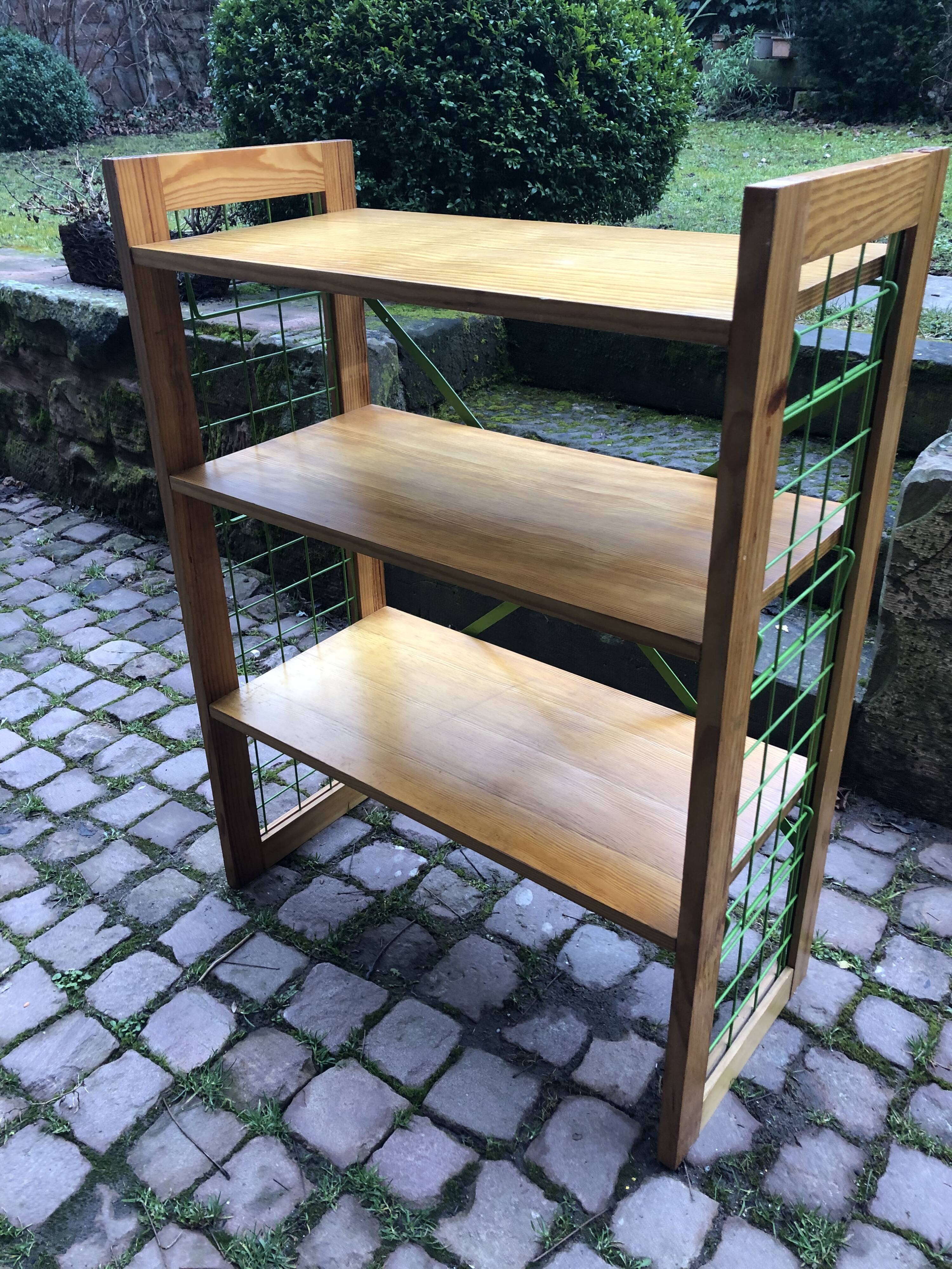 Vintage metal and pine bookcase shelf Prisunic circa 1960