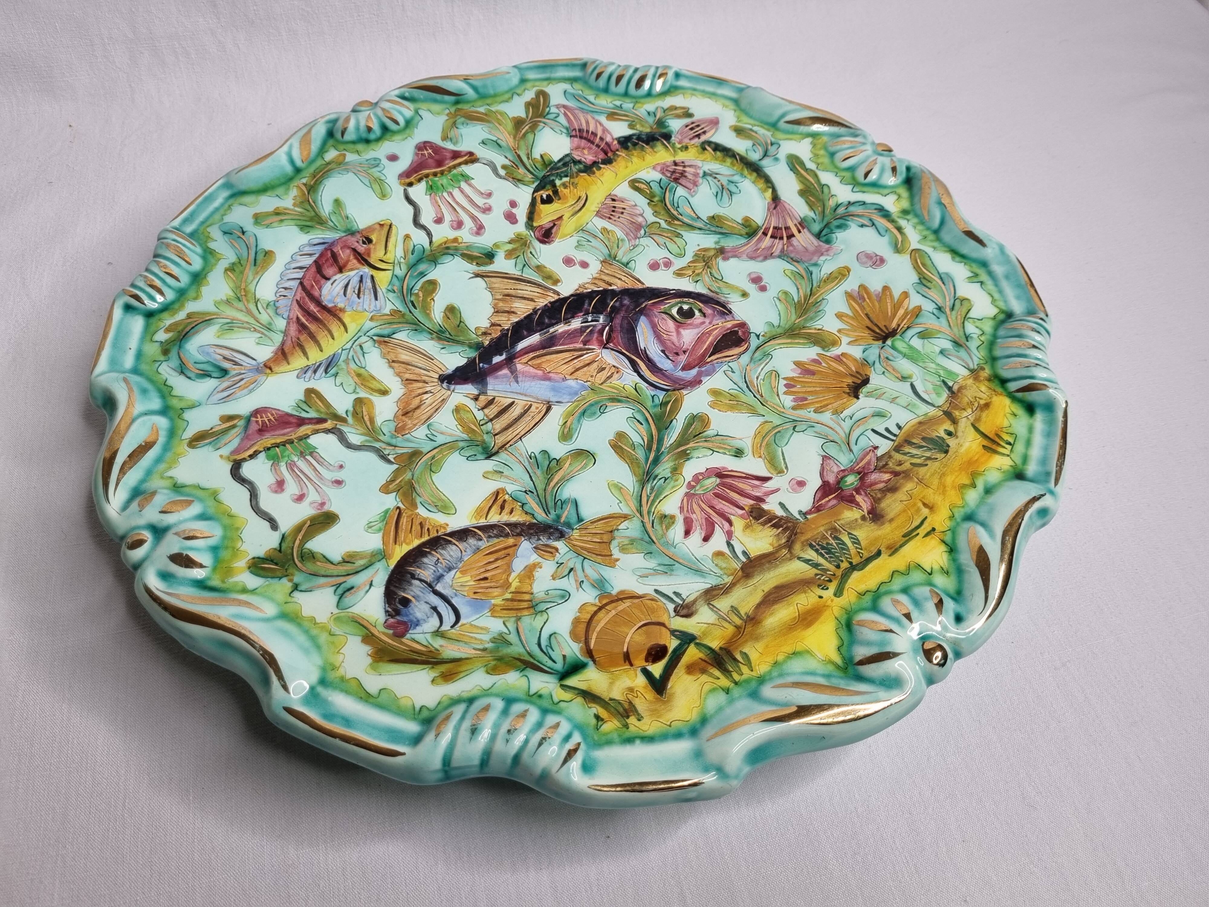 Vintage decorative dish Cerart Monaco fish decor signed ceramic, 37 cm