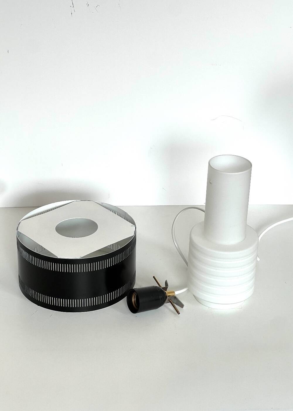 Scandinavian opaline and lacquered metal pendant light from the 50s.