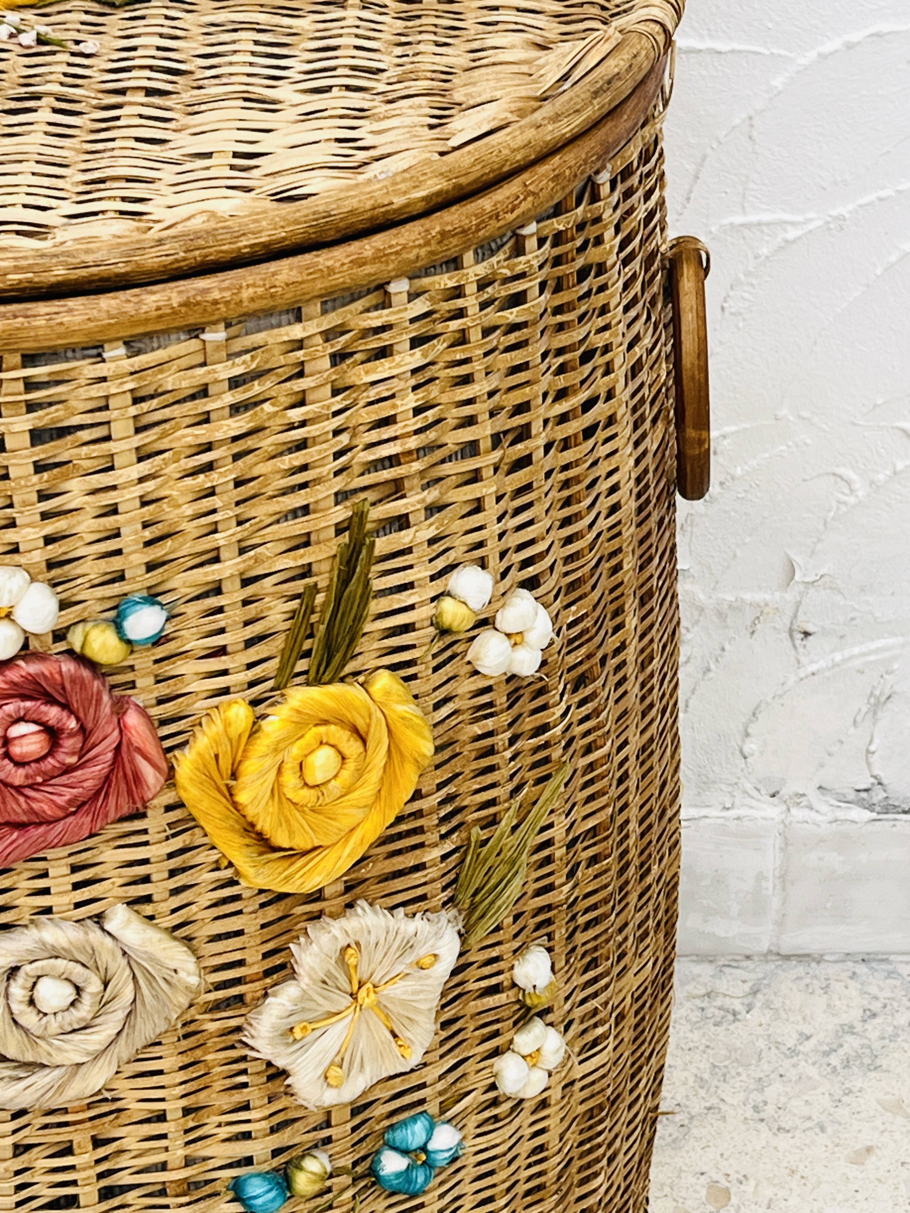 Vintage wicker mannequin with colourful floral decoration.