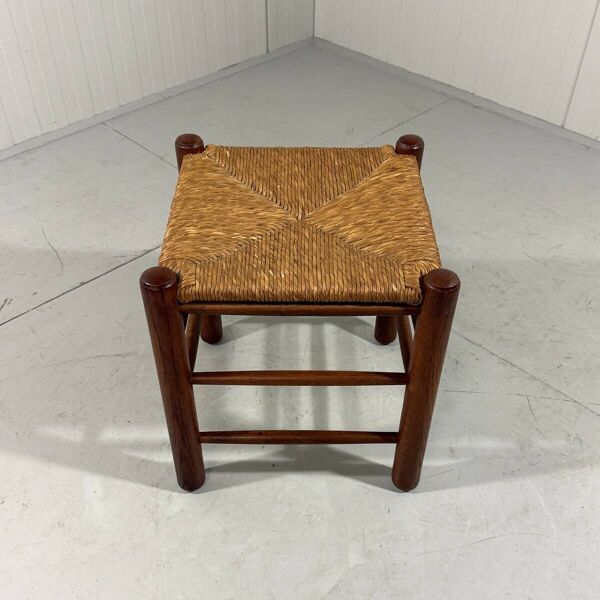 Tabouret en chêne avec assise en paille des années 1950-60.
