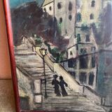 Painting steps of montmartre gouache on paper signed jartet? early 20th century