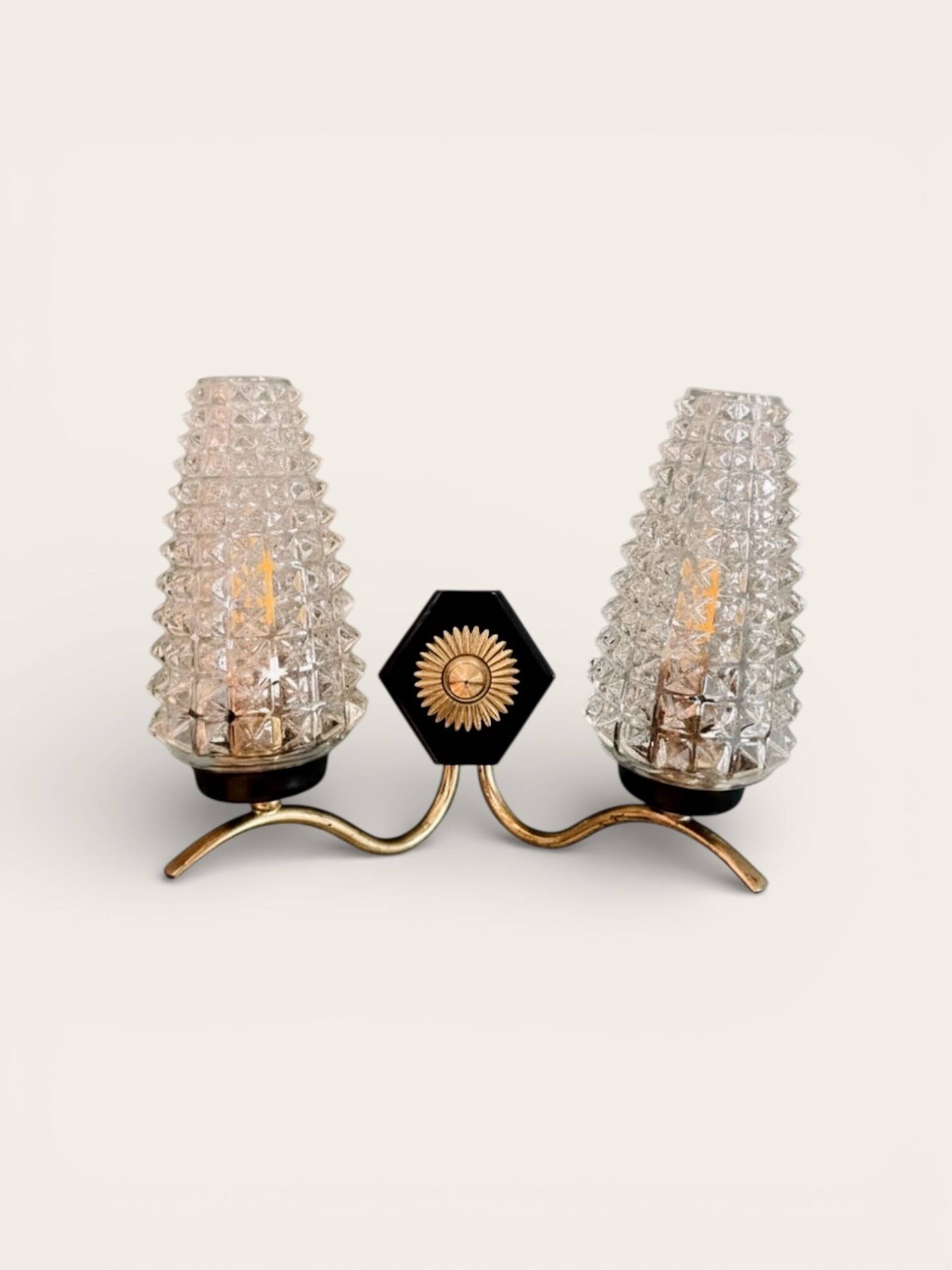 Double applique Mid Century Modern attributed to Maison Arlus, brass and glass.