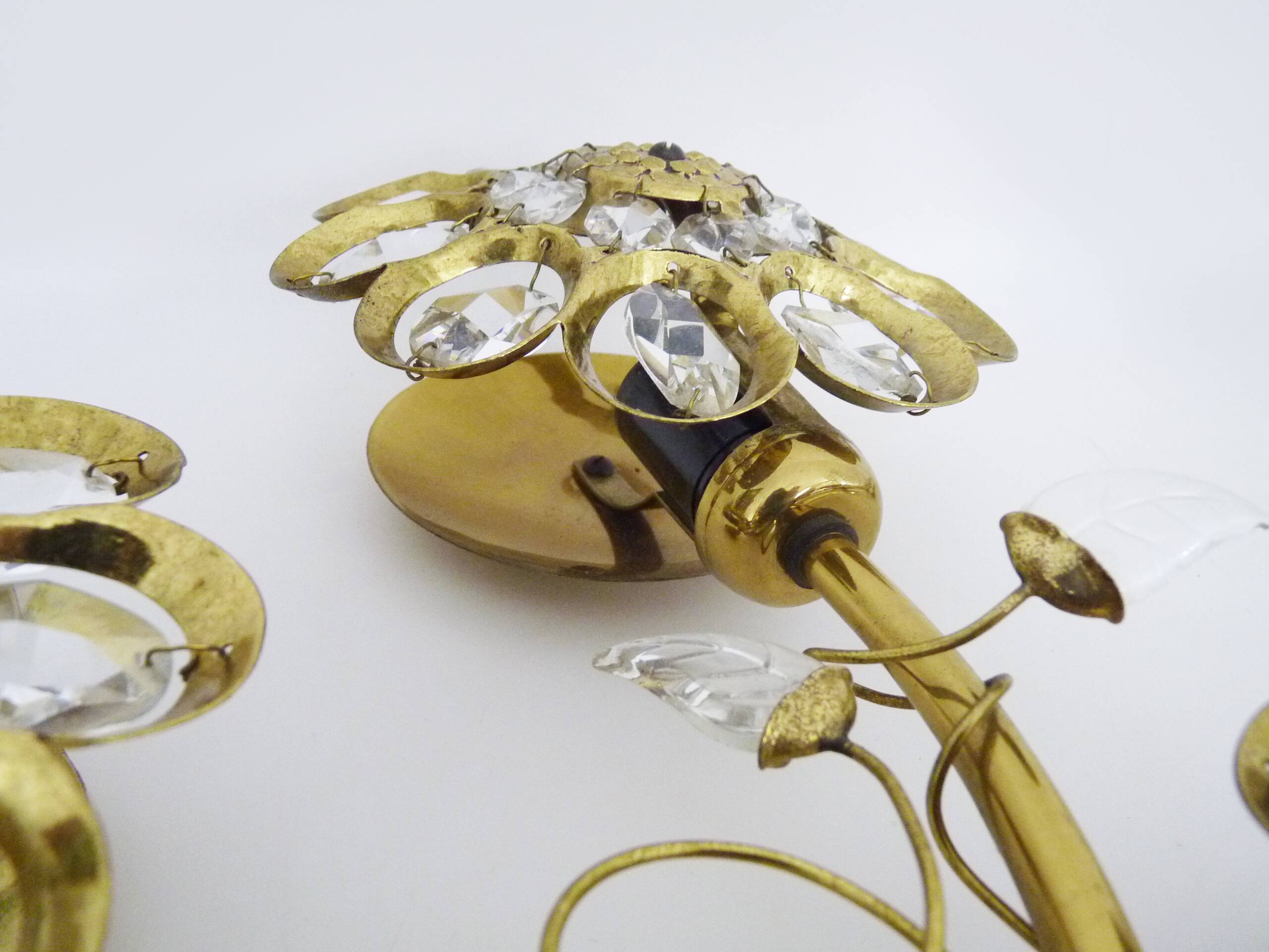 Large pair of vintage Palwa crystal and brass flower wall lights with 4 lights. 70s