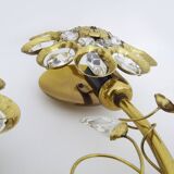 Large pair of vintage Palwa crystal and brass flower wall lights with 4 lights. 70s