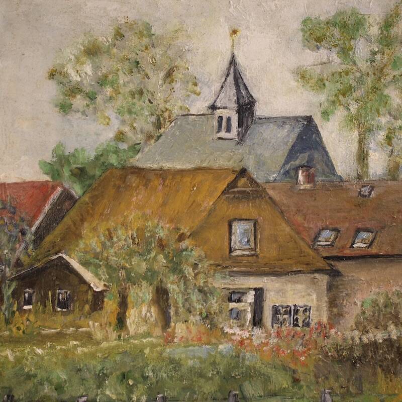 Peinture néerlandaise d'une vue de maisons dans le style impressionniste.