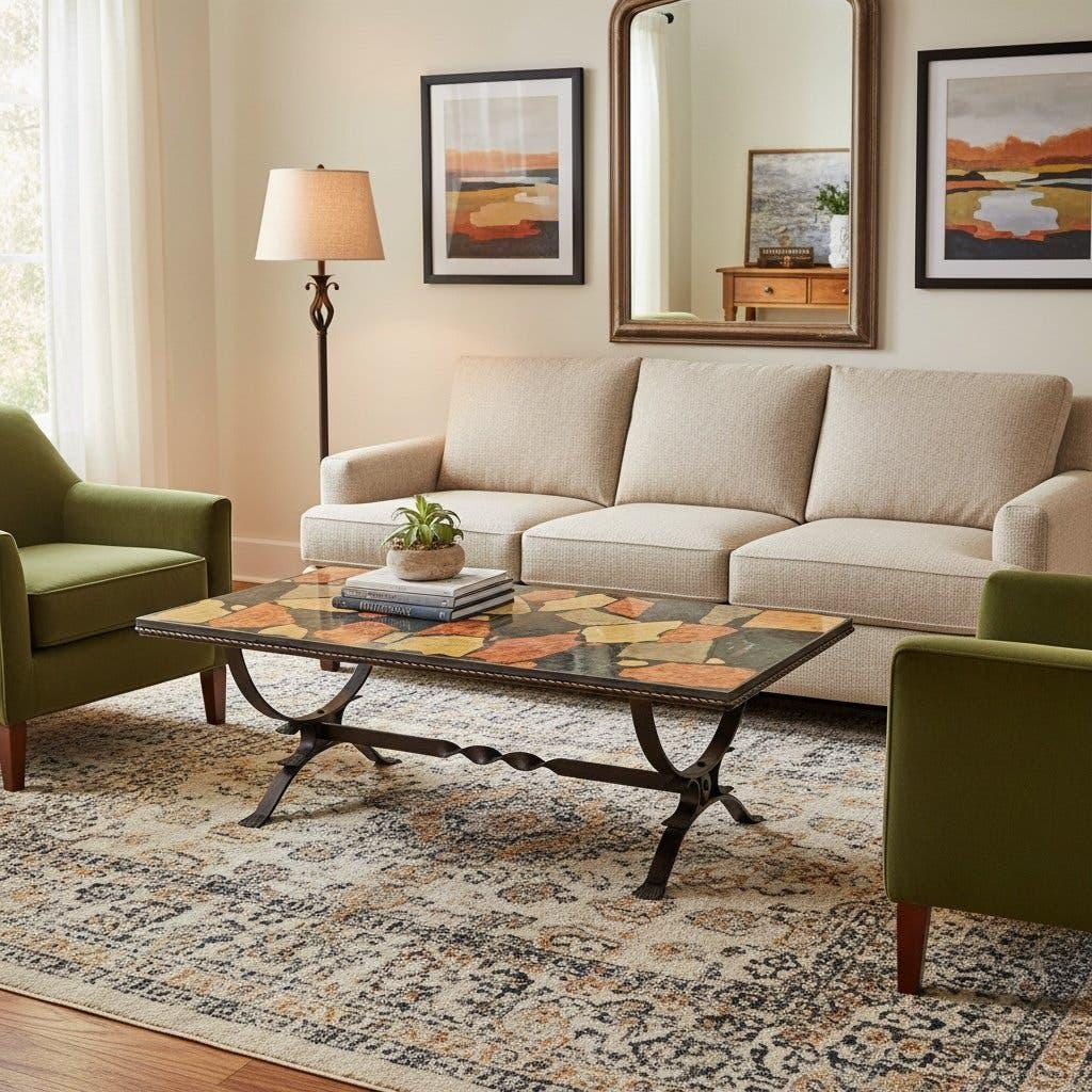 Vintage stone coffee table with a cast iron frame.