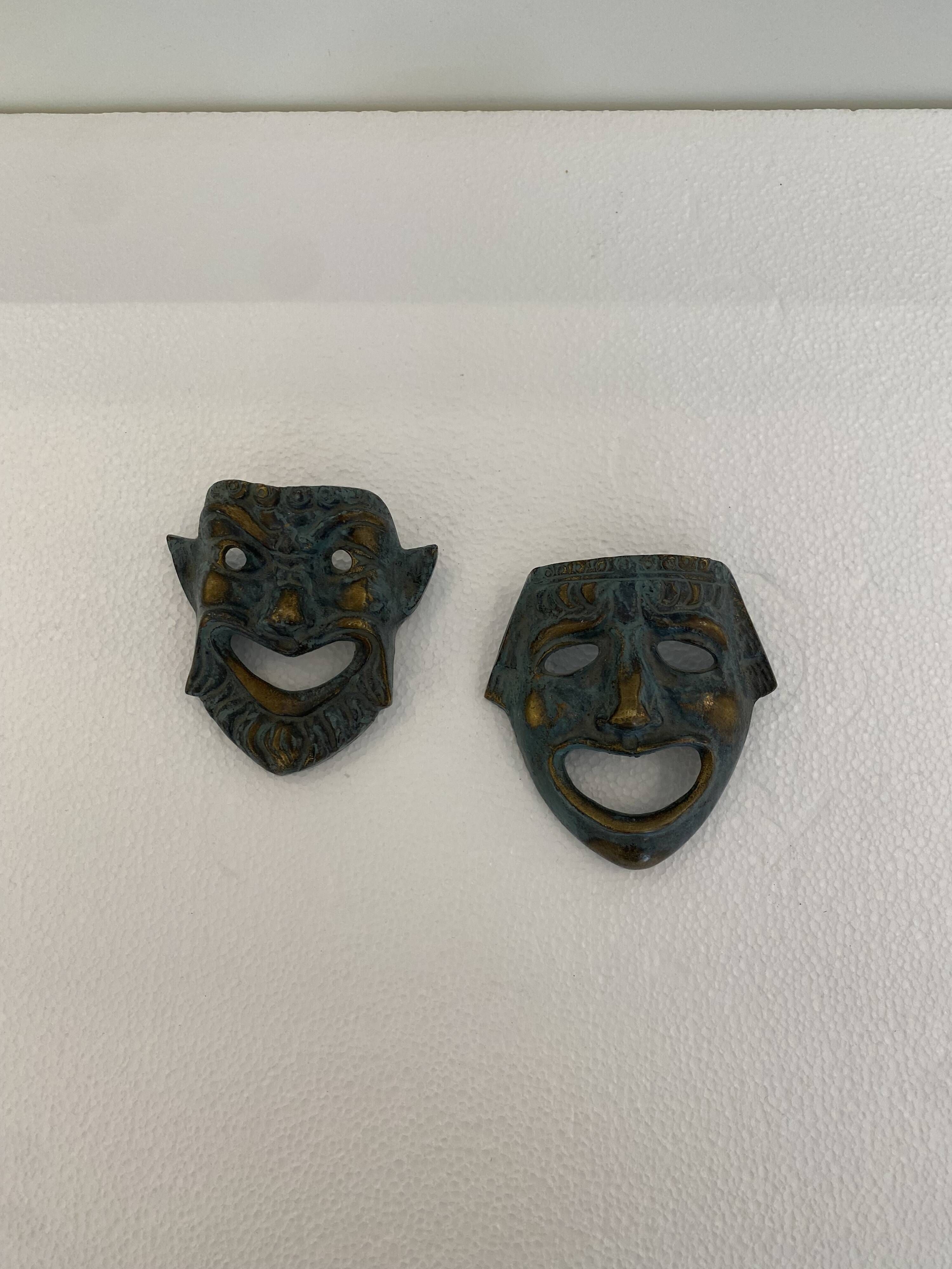 Pair of Small Decorative Bronze/Brass Greek Theatre Masks Wall Hangings, 19