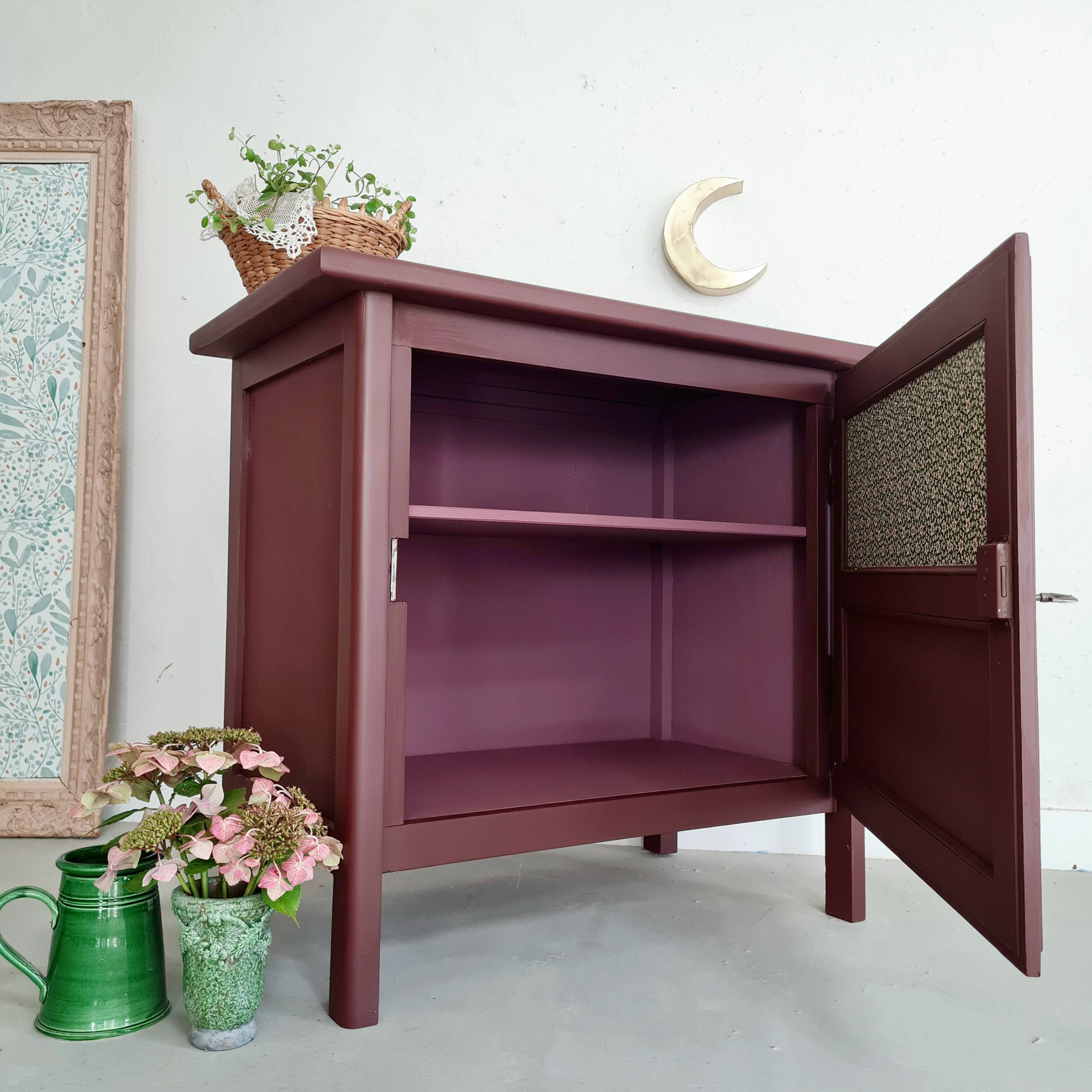 Bahut old art deco flowers garnet pink