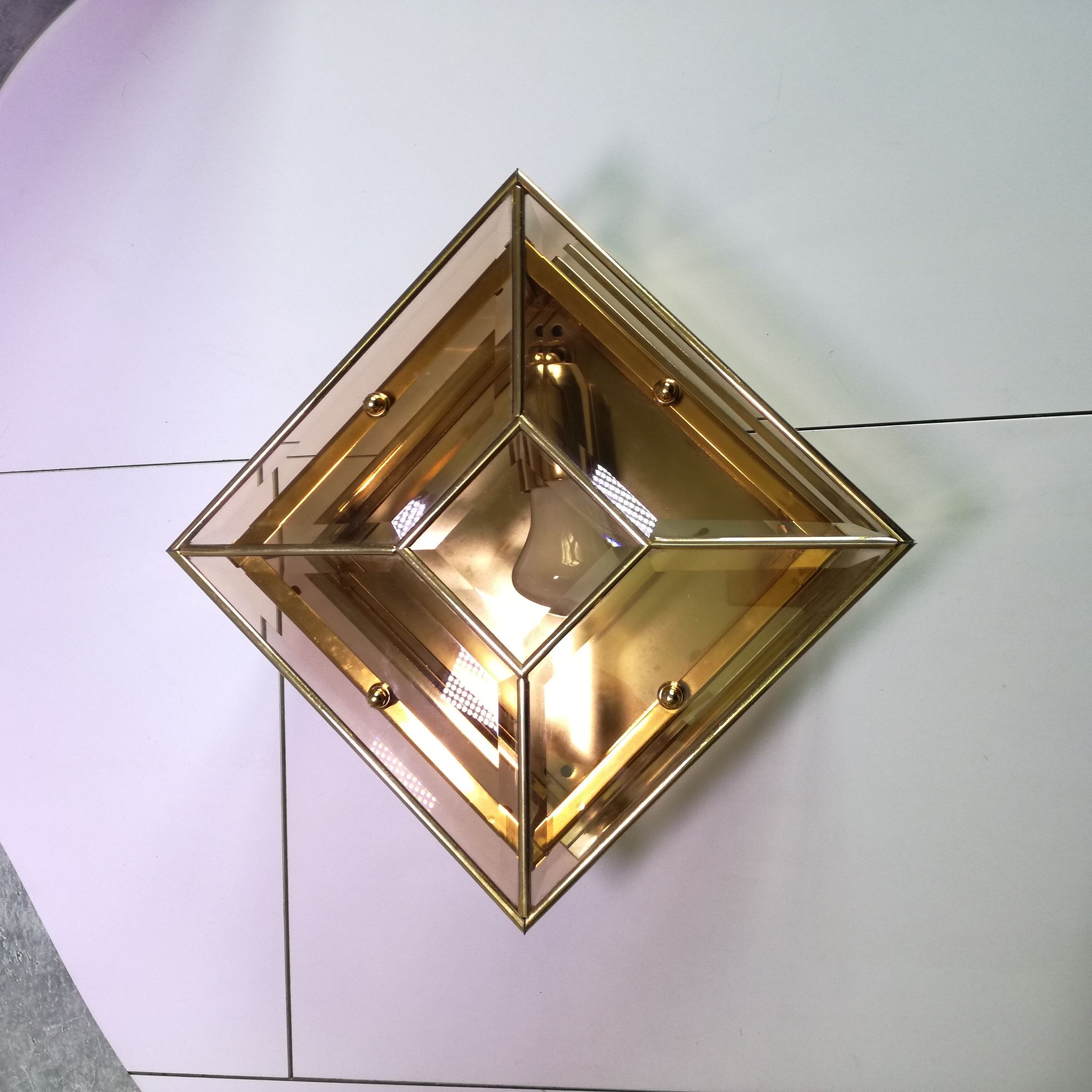 Ceiling lamp or square wall lamp in brass, beveled and tinted glass 1970