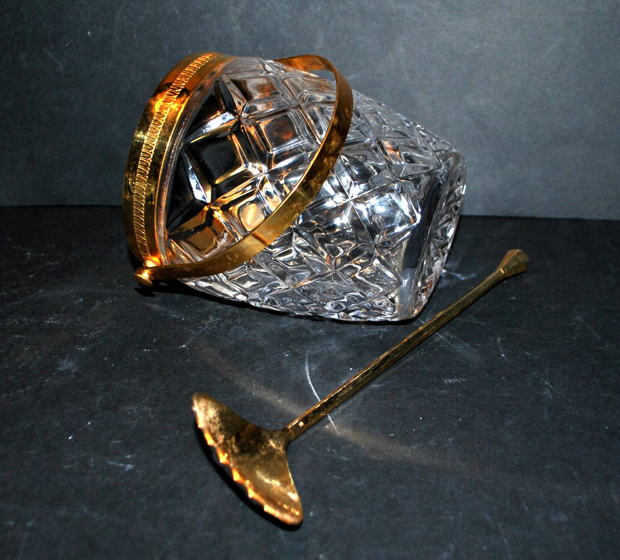 Vintage crystal ice bucket and gold frame "cristal ga" and cocktail ice cube spoon