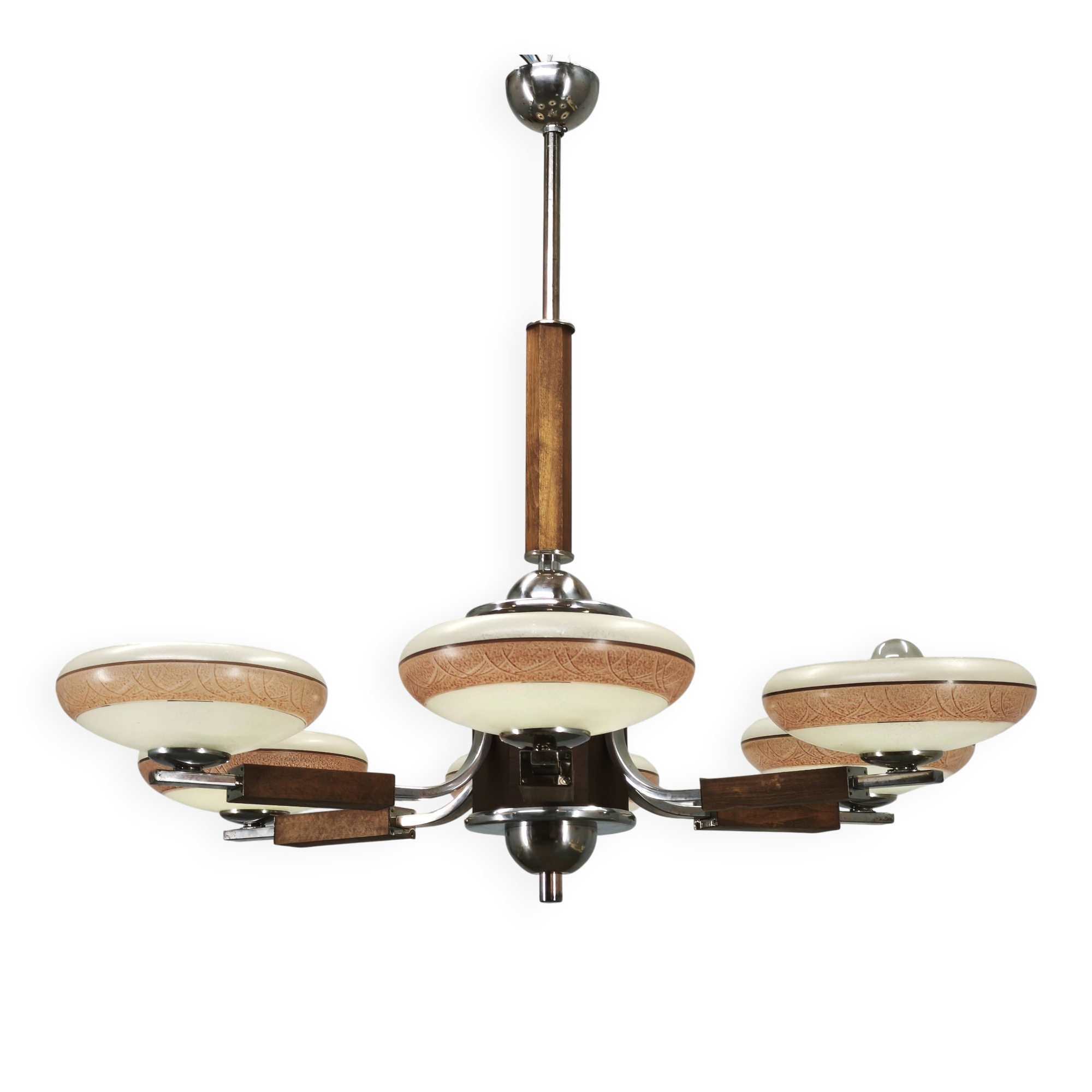 Grand lustre Art Déco en chrome, bois et verre à six lumières, années 1930
