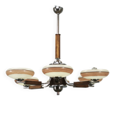 Grand lustre Art Déco en chrome, bois et verre à six lumières, années 1930