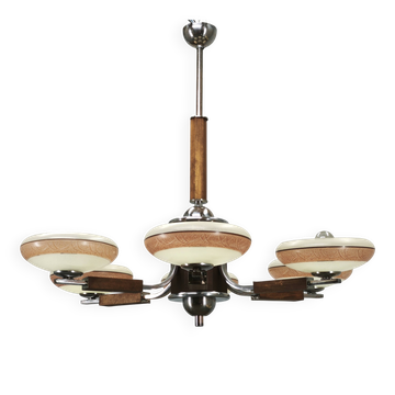 Large Art Deco Chrome, Wood and Glass Six-Light Chandelier, 1930s
