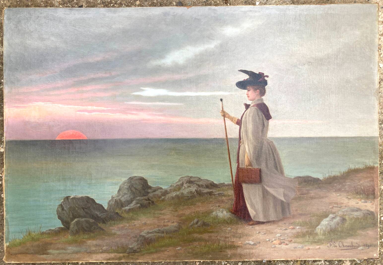 Old painting - The lady with the hat and the sea - 1890