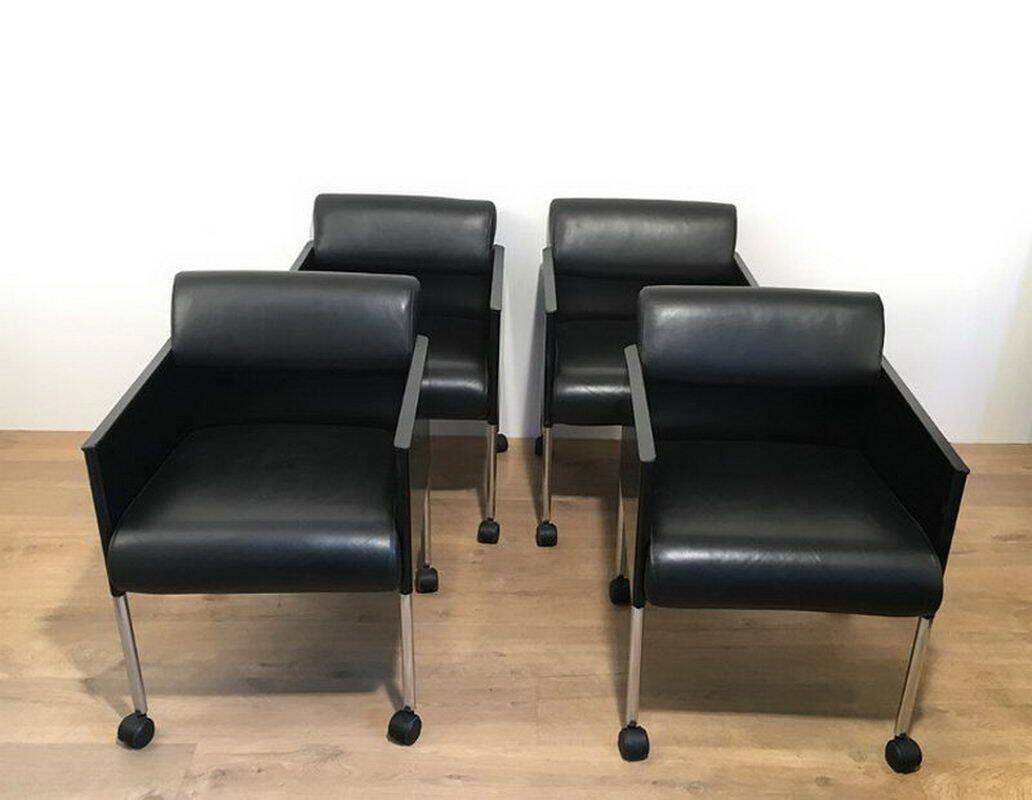 Set of 4 armchairs in leather and black lacquered metal. Rosenthal