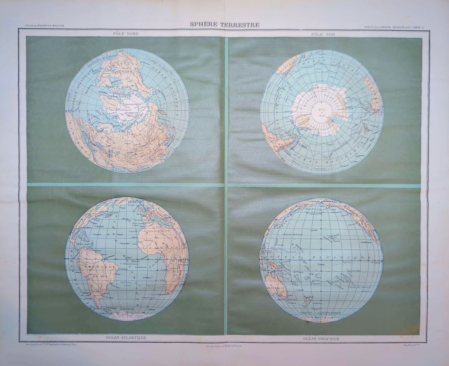 Sphère Terrestre, carte originale imprimée en 1907.