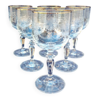 Six vintage water glasses, cut crystal, gold rim