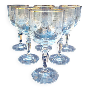 Six verres à eau, cristal ciselé, liseré or, vintage