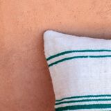 Handmade white and green wool striped cushion