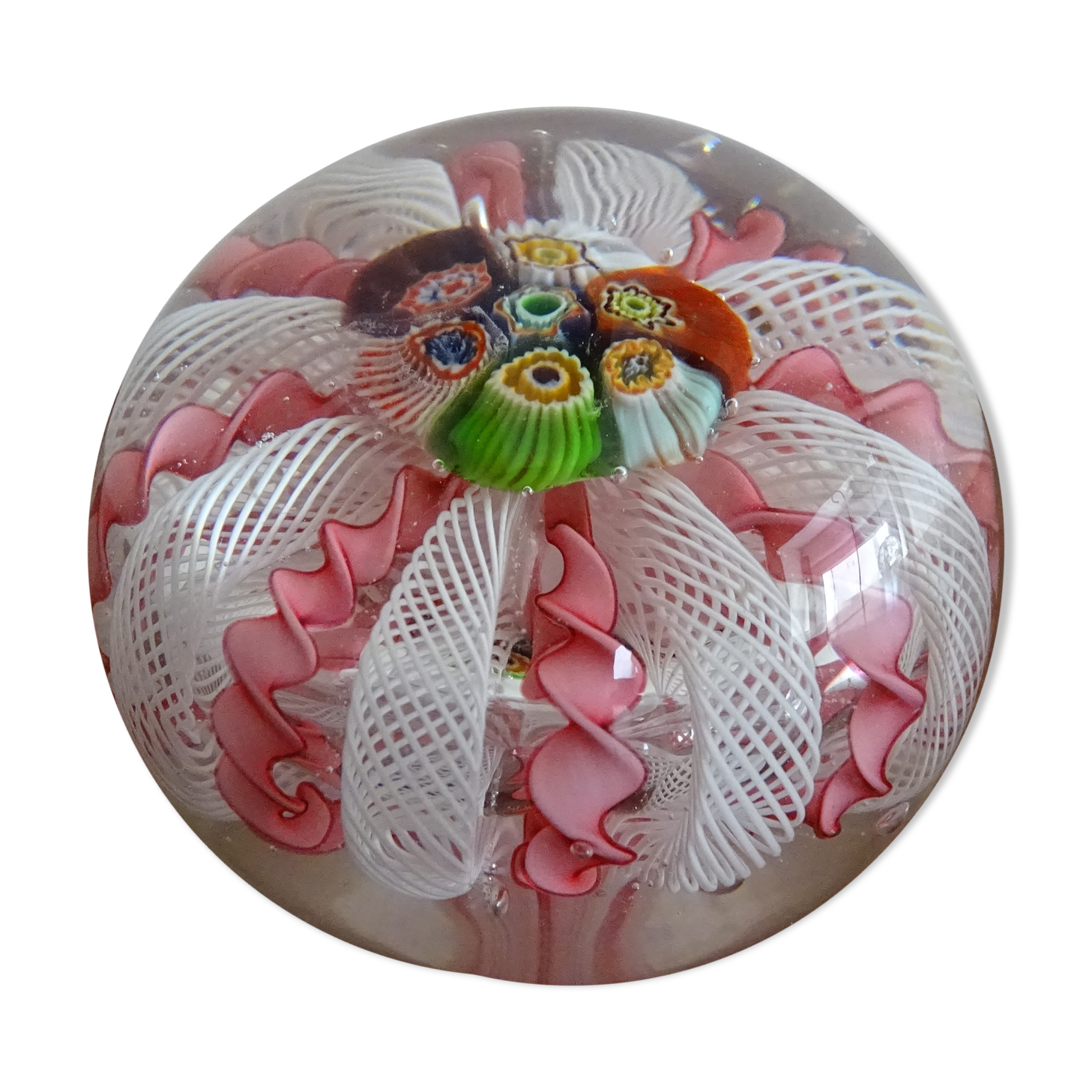 Murano paperweight millefiori and latticino twisted ribbons