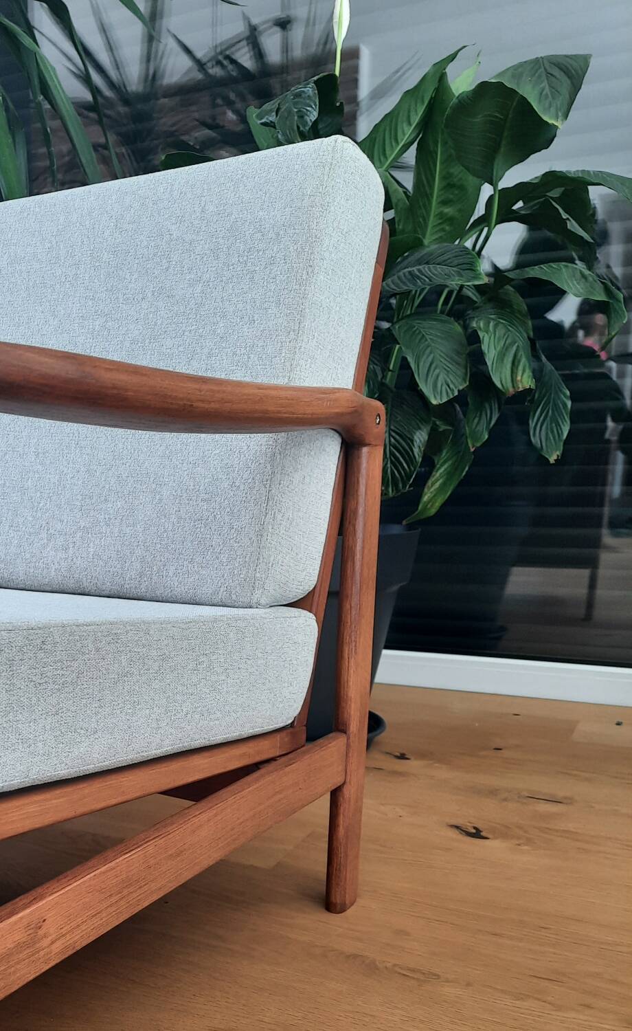 Fauteuil scandinave original Baczyk, années 1960, rénovation, beige, bois de teck