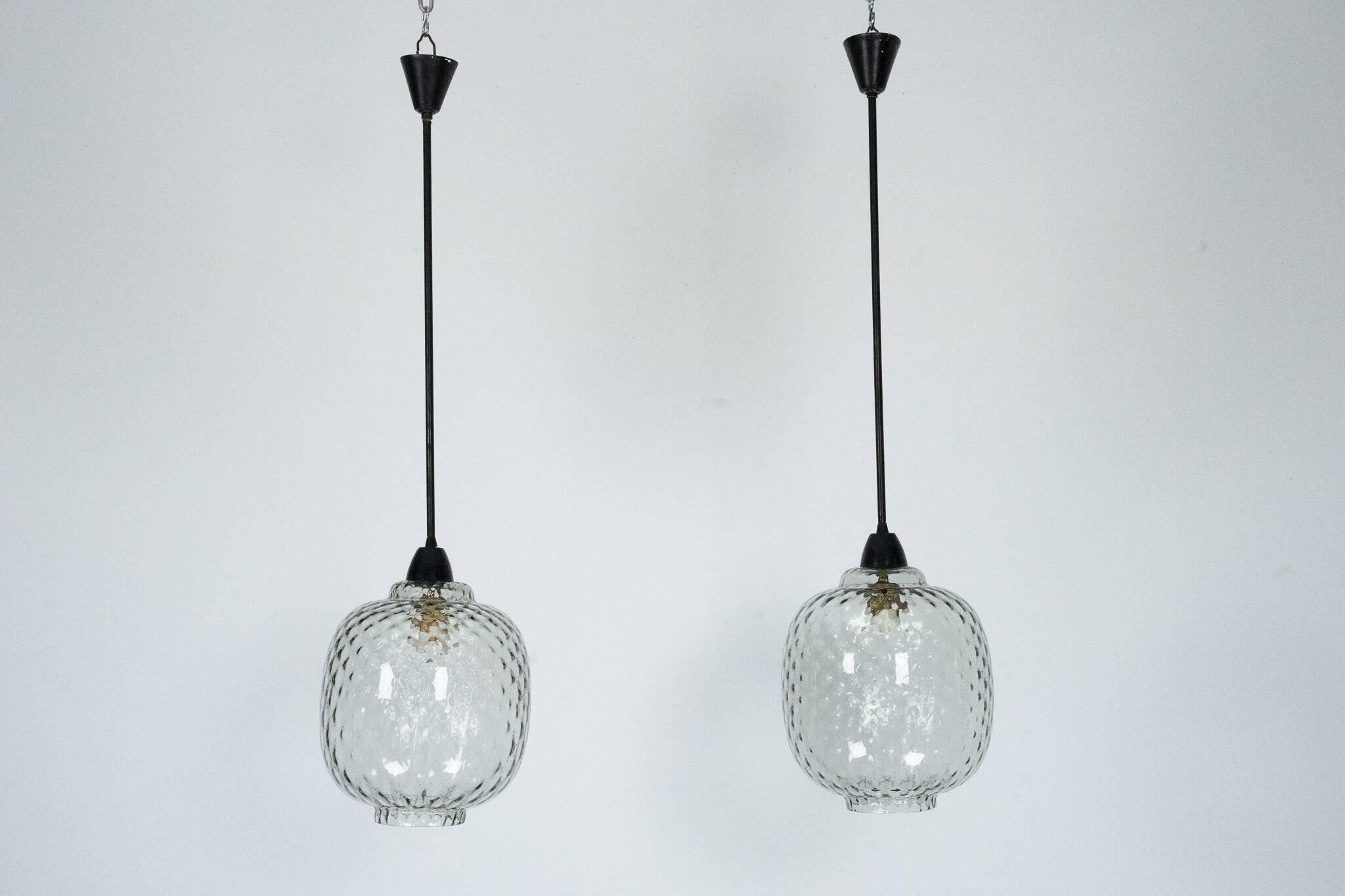 Pair of Mid-Century pendant lamps in smoked Murano glass, Italy, 1950s
