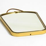 Beautiful small mid-century brass wall mirror with braided hanging strap