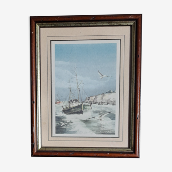 Framed painting after watercolor, trawlers at sea by the painter Roland Chételat