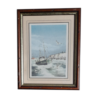 Framed painting after watercolor, trawlers at sea by the painter Roland Chételat