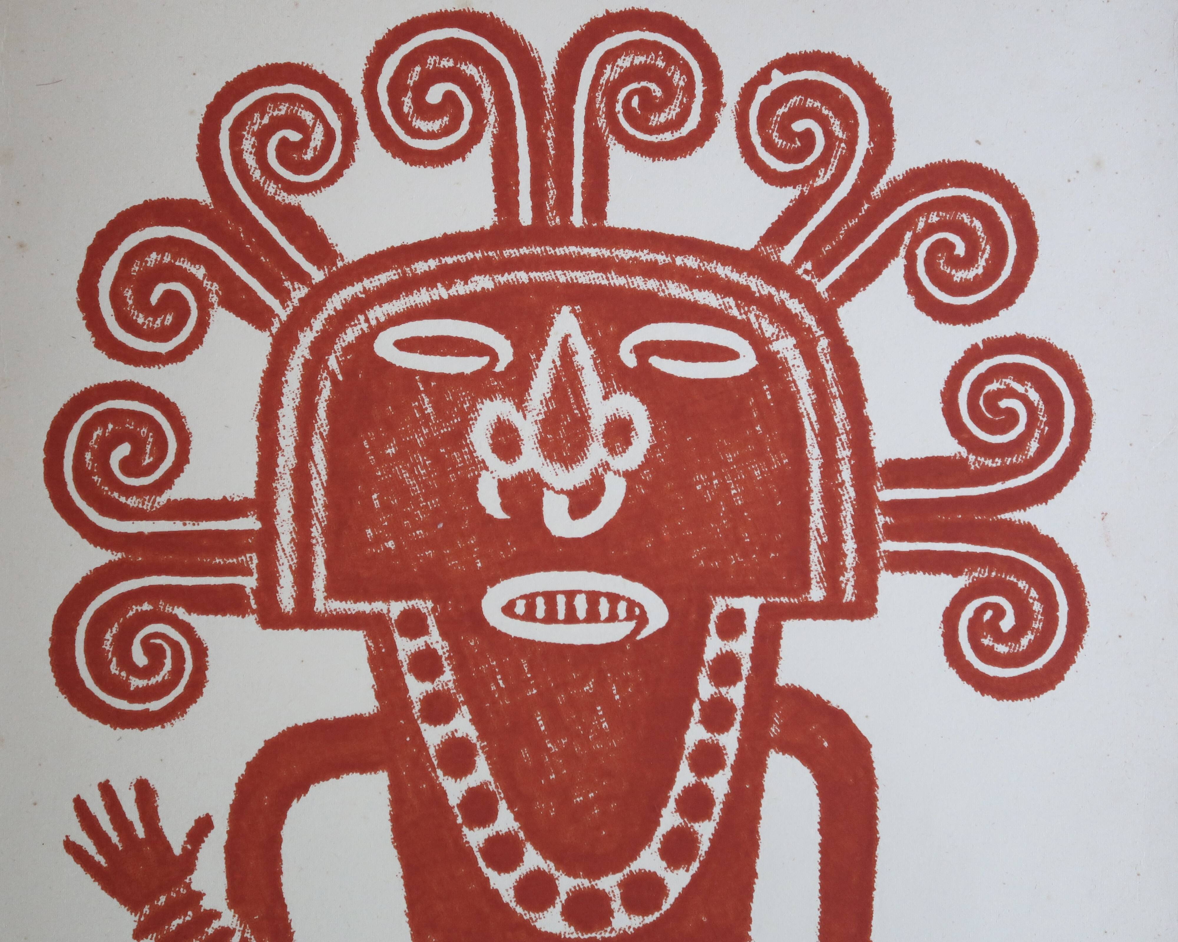 Original Pre-Columbian print, Aztecs Colombia folk 60s