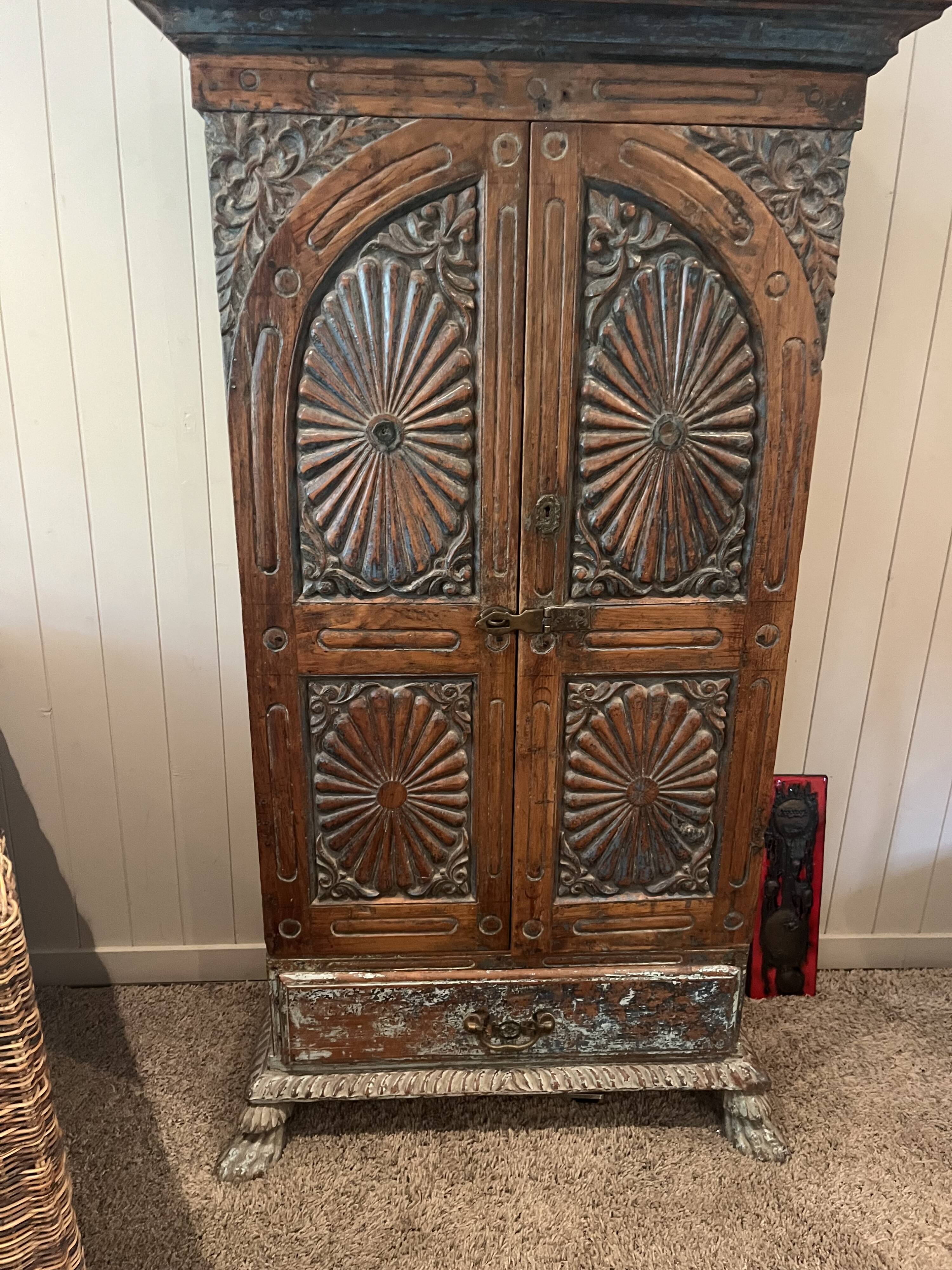 Antique fabric wardrobe from Rajasthan - solid teak