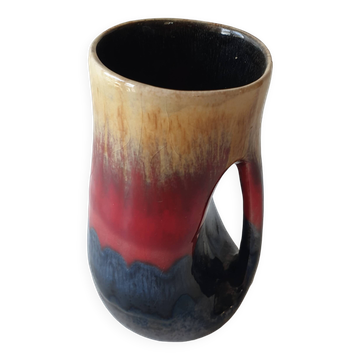 Vase vintage en céramique jaune, rouge et bleue