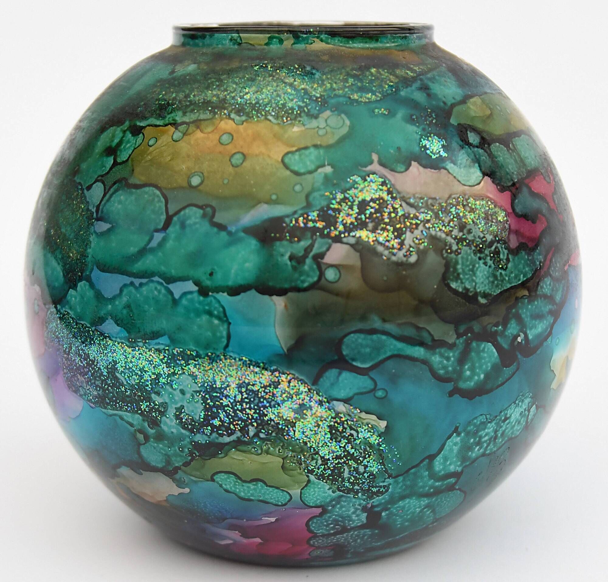 Vase ball eglomisé in lacquered glass by Jean Noel BOUILLET
