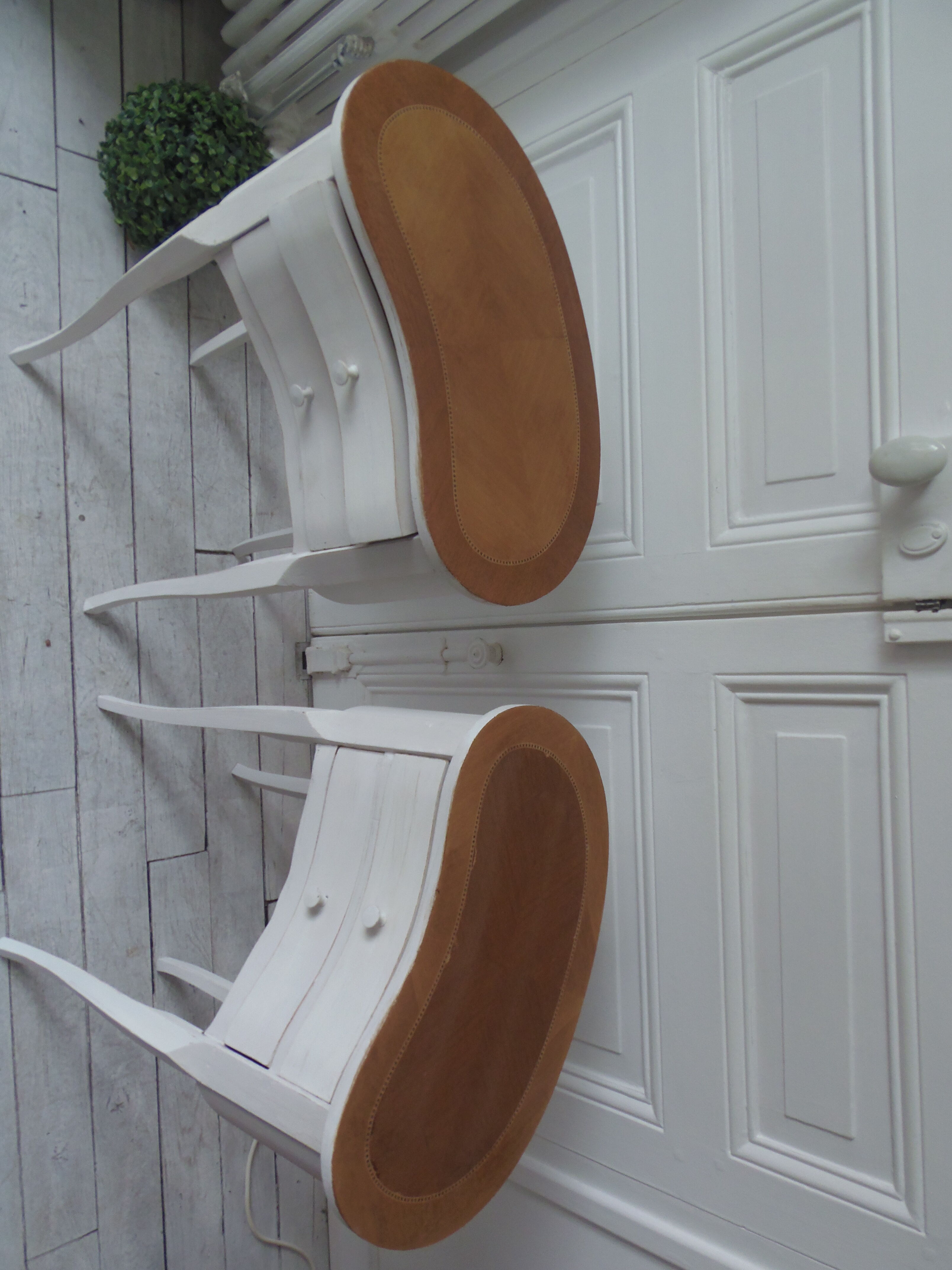 Vintage bedsides patinated pearl grey, branded wooden trays