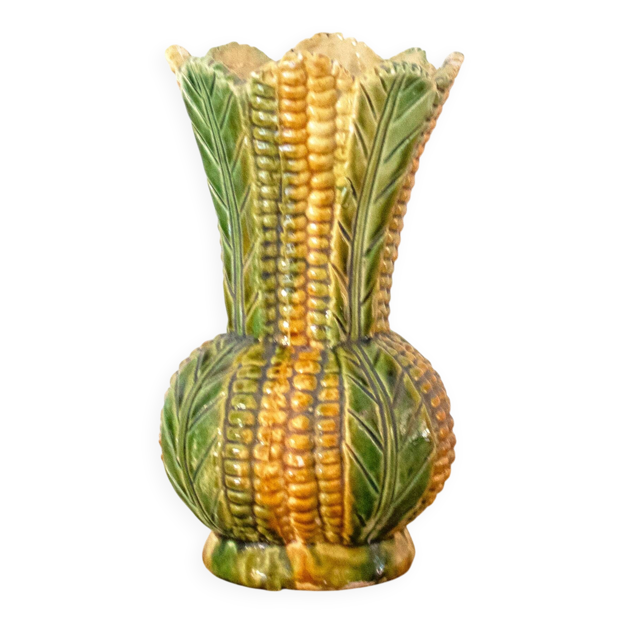 Vintage French Majolica Style Ceramic Corn Vase: 1950s Barbotine Pottery