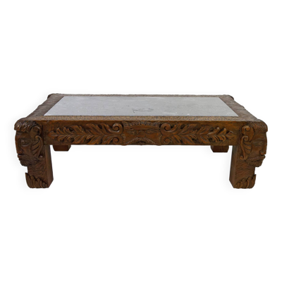 Table basse en chêne massif sculpté de faunes et plateau en marbre gris, France, circa 1940