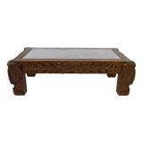 Table basse en chêne massif sculpté de faunes et plateau en marbre gris, France, circa 1940