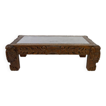 Solid oak coffee table carved with fauns and gray marble top, France, circa 1940